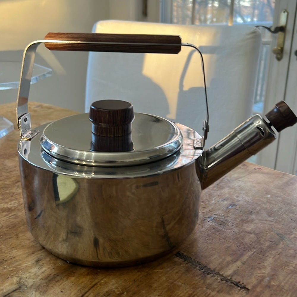 MCM Vintage Teak Stainless Steels Steel 2.5Q Farberware Tea Kettle